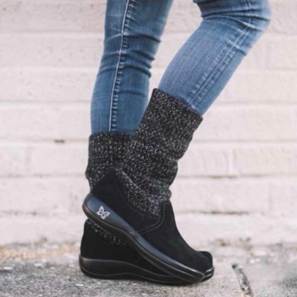 Alegria Juneau Sz 40 Knitted Slouch Sock Boots w Waterproof Suede Upper Black